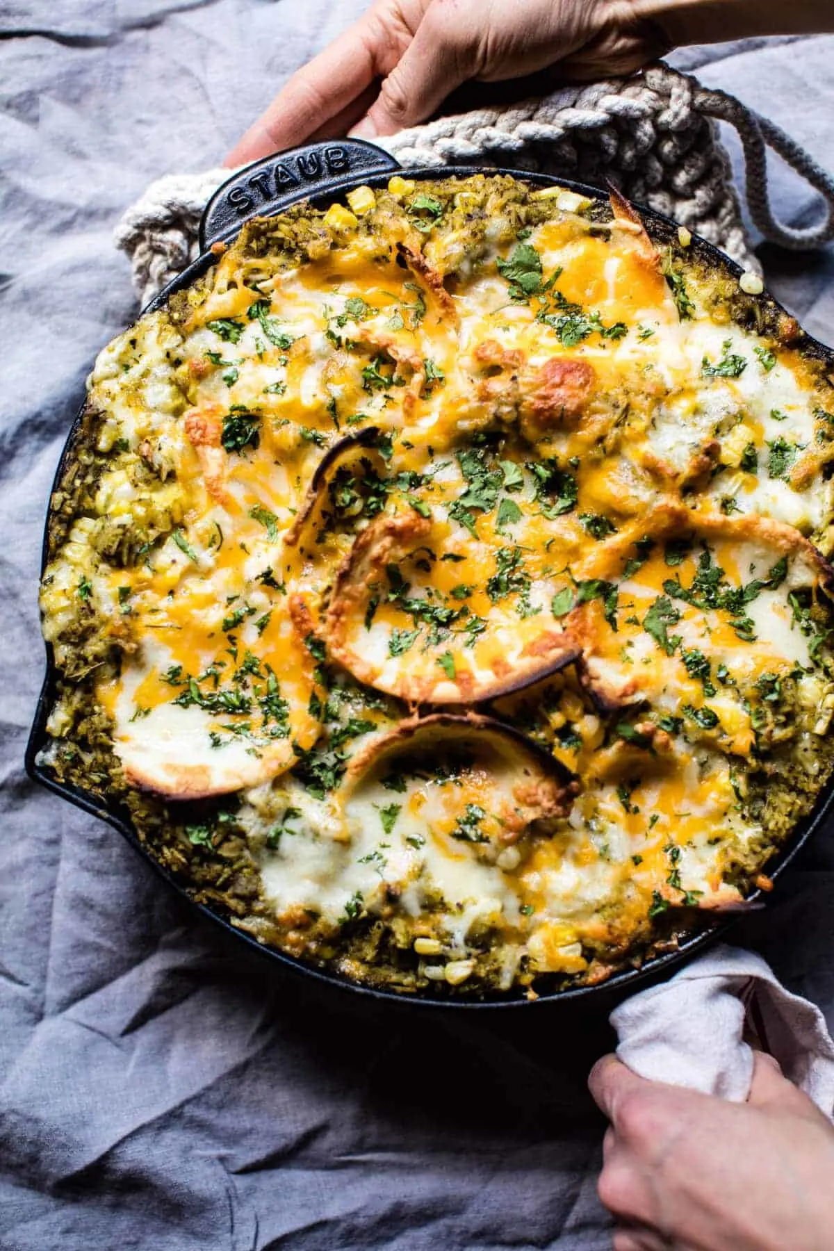 skillet-salsa-verde-chicken-tortilla-rice-bake.