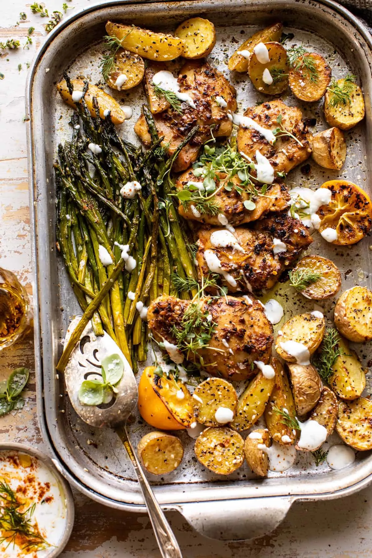 sheet-pan-lemon-rosemary-dijon-chicken-with-feta-goddess-sauce