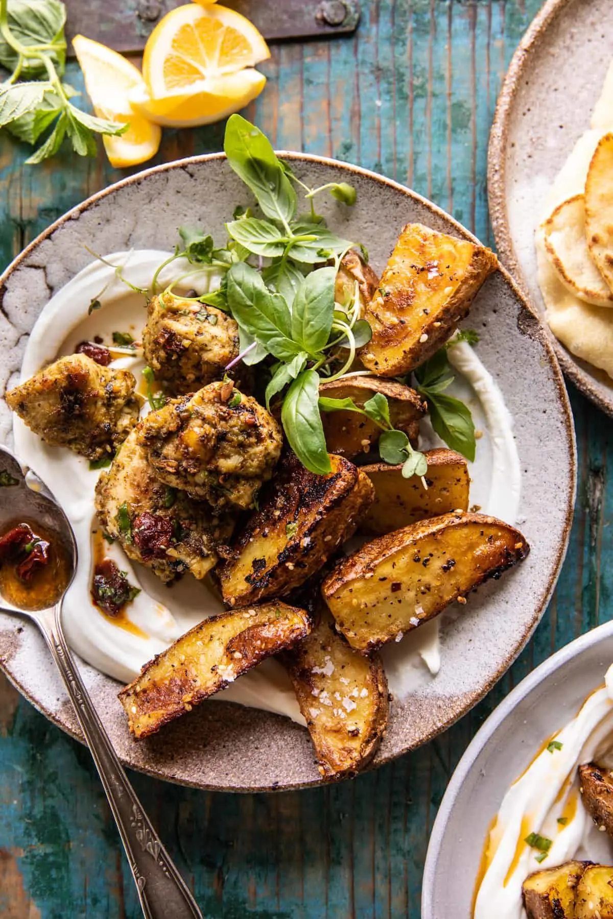 sheet-pan-pesto-chicken-and-lemon-butter-potatoes-with-whipped-feta