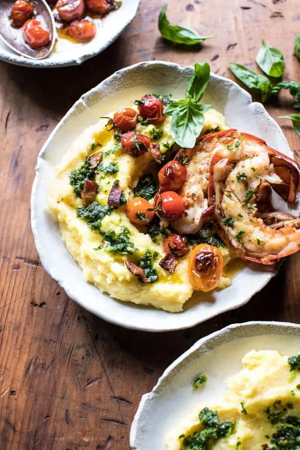 brown-butter-lobster-with-kale-pesto-polenta-and-cherry-tomato-bacon-pan-sauce
