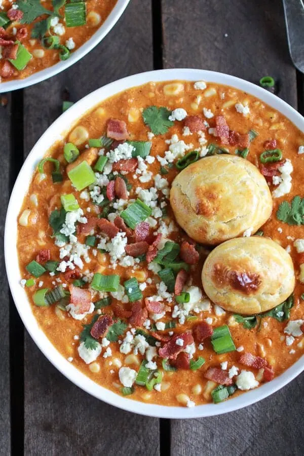 buffalo-chicken-corn-chowder-with-blue-cheese-gougeres
