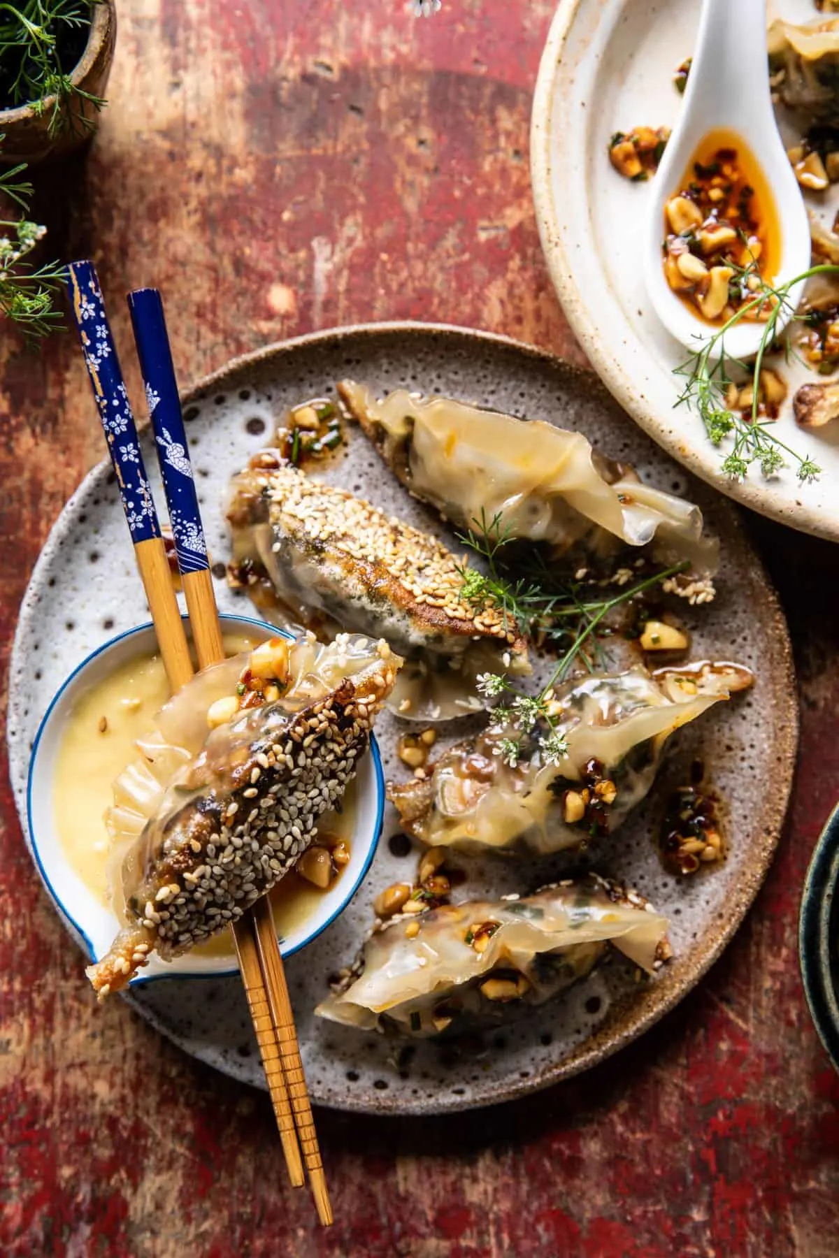 crispy-sesame-ginger-potstickers-with-chive-chili-sauce