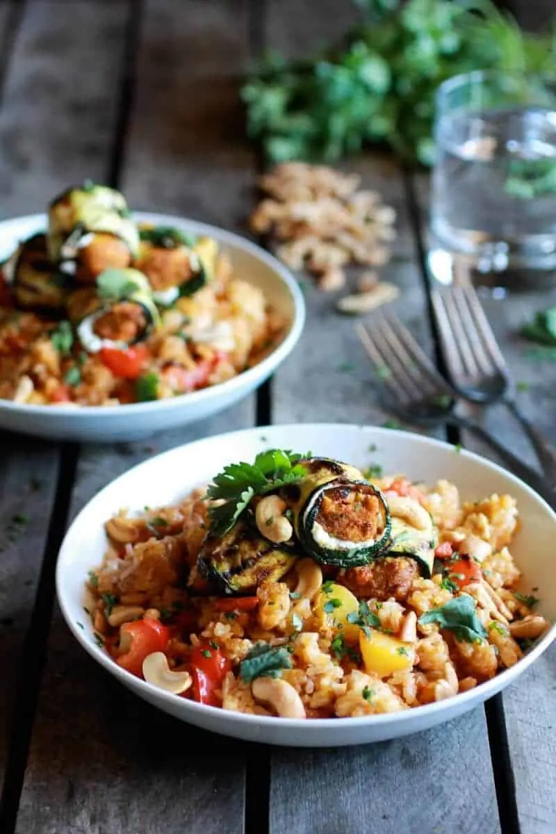 spicy-curried-zucchini-chicken-and-goat-cheese-rolls-with-mango-cahsew-fired-rice