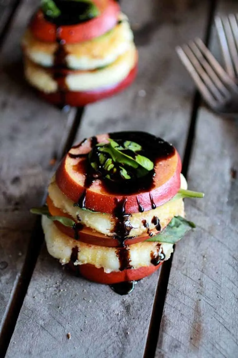 fried-mozzarella-basil-and-nectarine-stacks-with-balsamic-glaze
