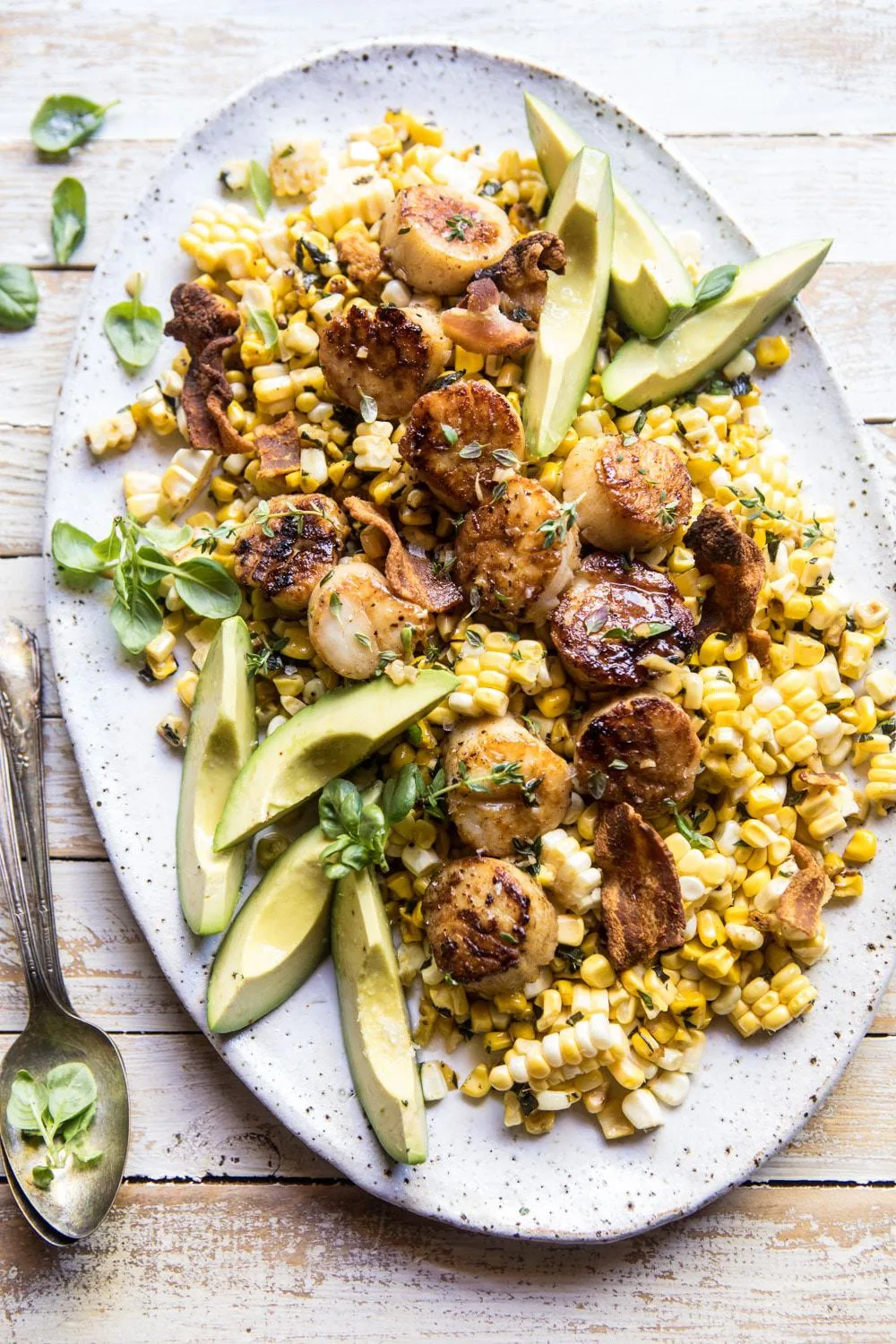 brown-butter-scallops-with-corn-bacon-and-avocado-salad