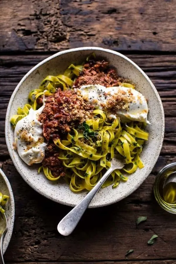 chorizo-bolognese-pasta-with-sourdough-pangrattato-burrata.