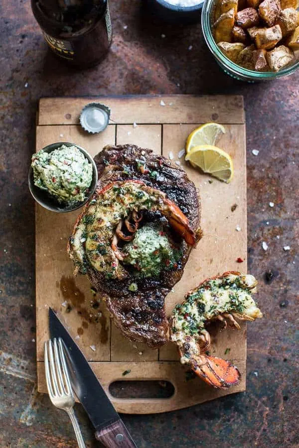 surf-and-turf:-steak-and-lobster-with-spicy-roasted-garlic-chimichurri-butter