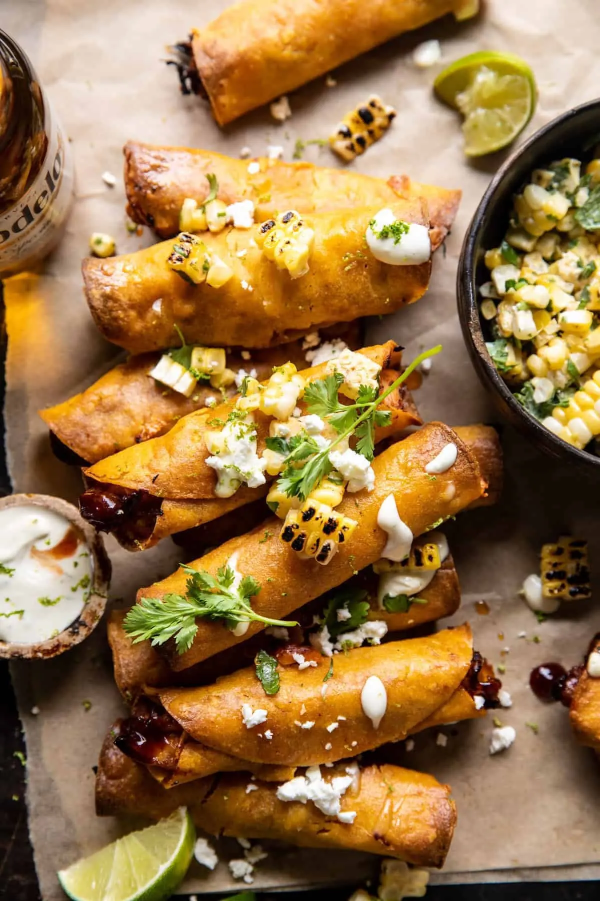 crockpot-bbq-beer-chicken-taquitos-with-street-corn-salsa