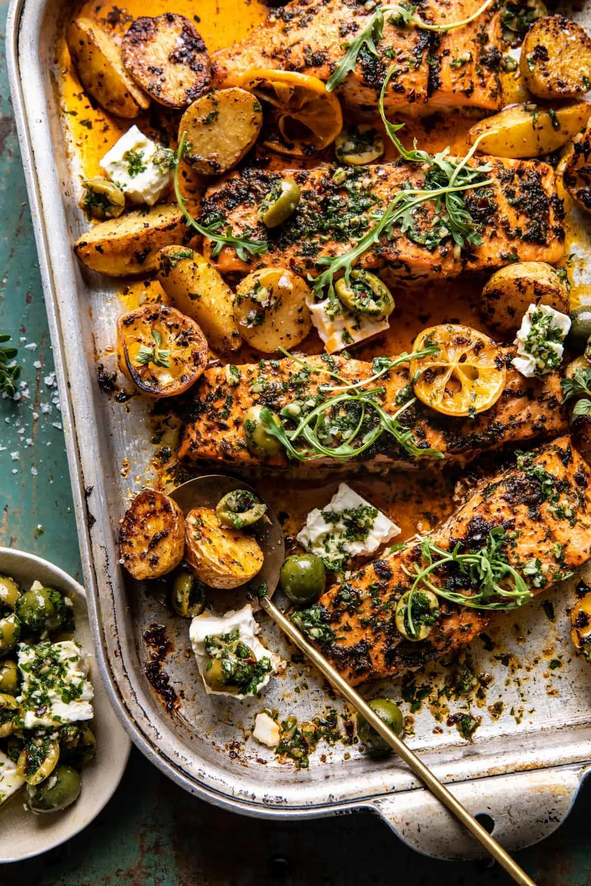 sheet-pan-roasted-lemon-garlic-butter-salmon-with-feta-and-olives