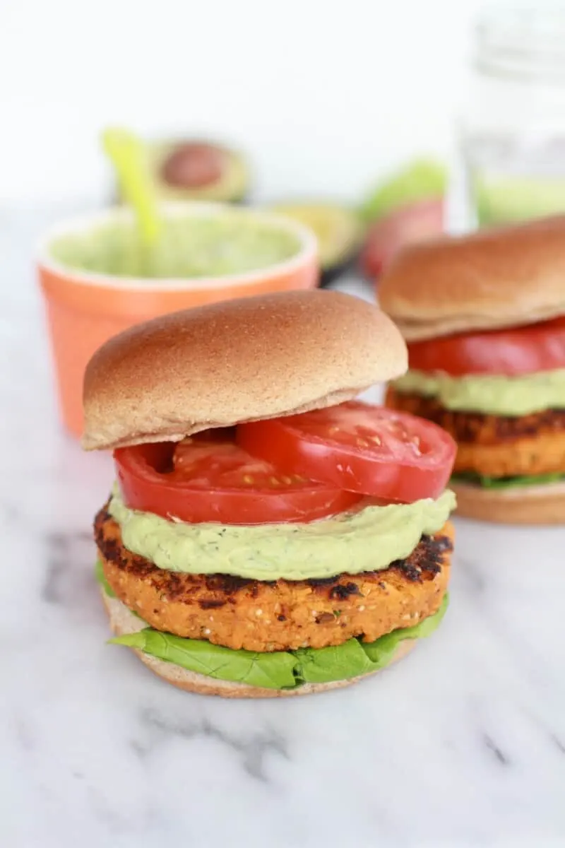 roasted-garlic-chipotle-cheddar-sweet-potato-burgers-with-avocado-ranch