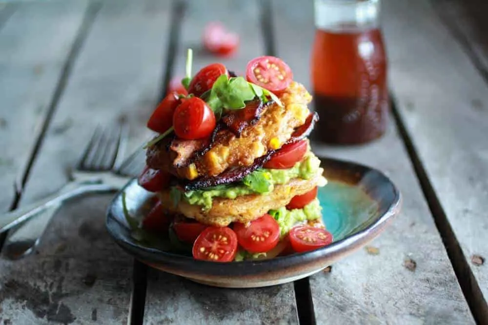 avocado-and-gouda-blt-corn-fritter-stacks-with-chipotle-bourbon-dressing