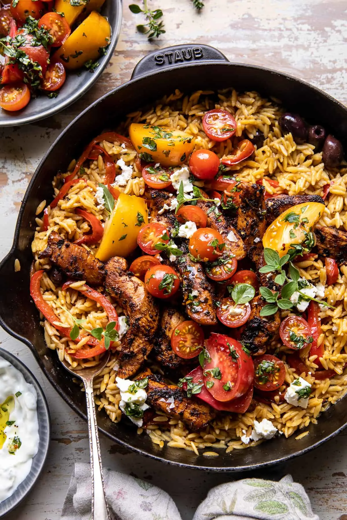 one-skillet-greek-chicken-and-orzo-with-tomatoes-feta-and-tzatziki