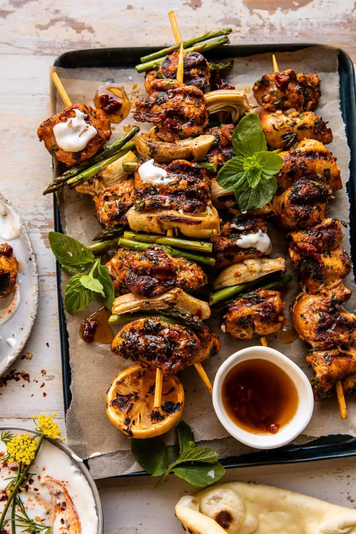 lemon-chicken-skewers-with-creamy-feta-sauce