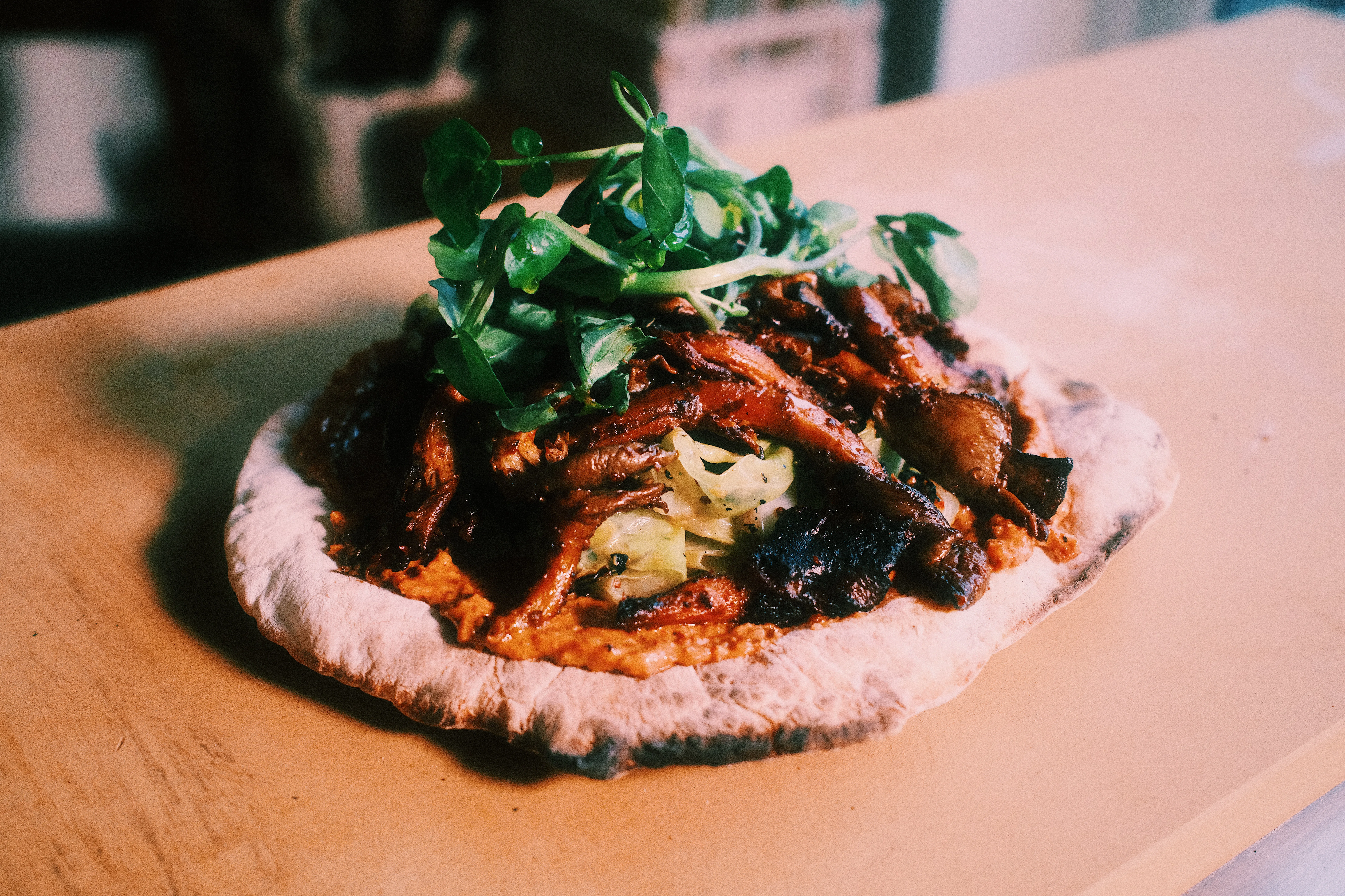 smoky-harissa-charred-oyster-mushroom-flatbread
