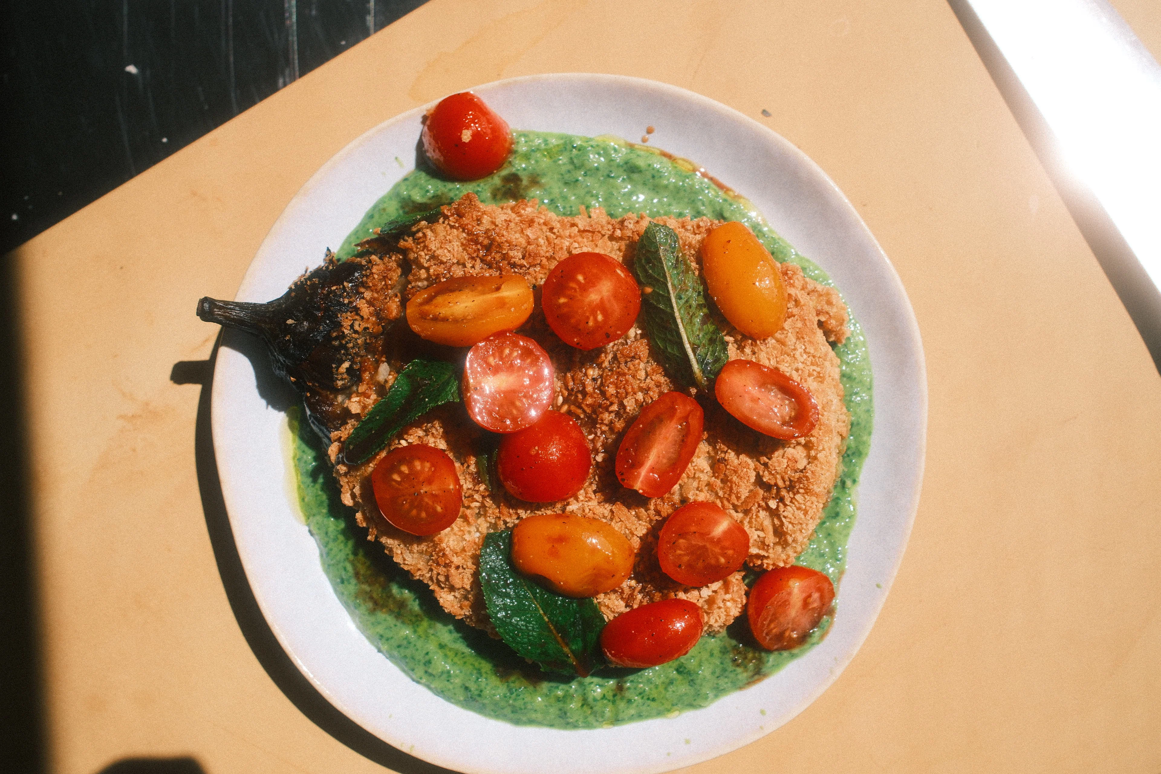 eggplant-schnitzel-with-a-green-goddess-sauce-and-tomato-salad