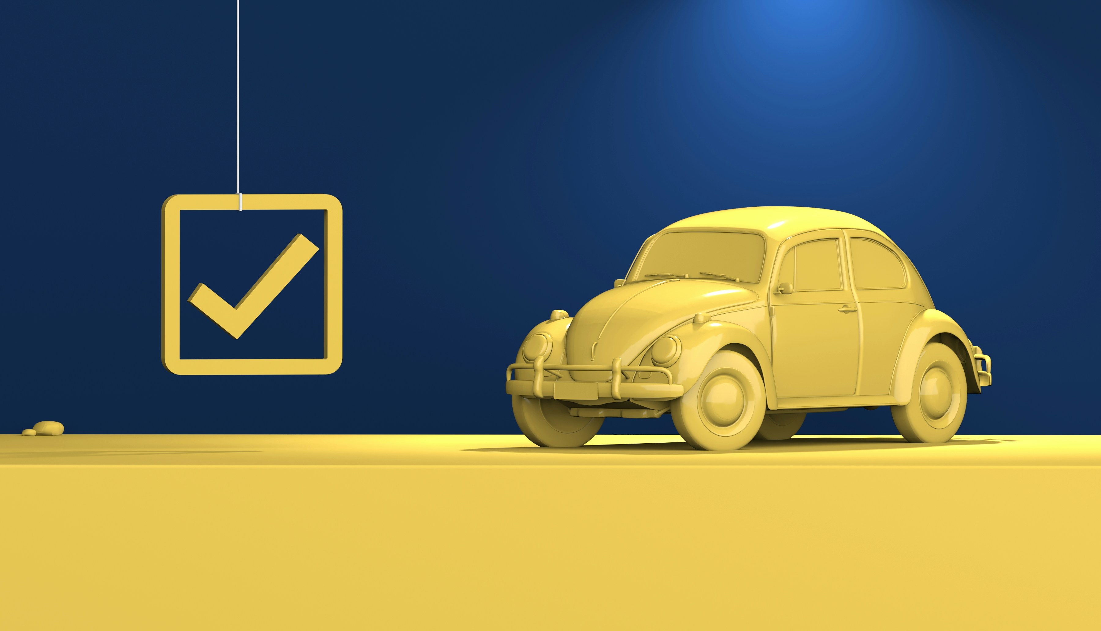 yellow cgi volkswagon on yellow surface with blue background and a floating yellow checkmark