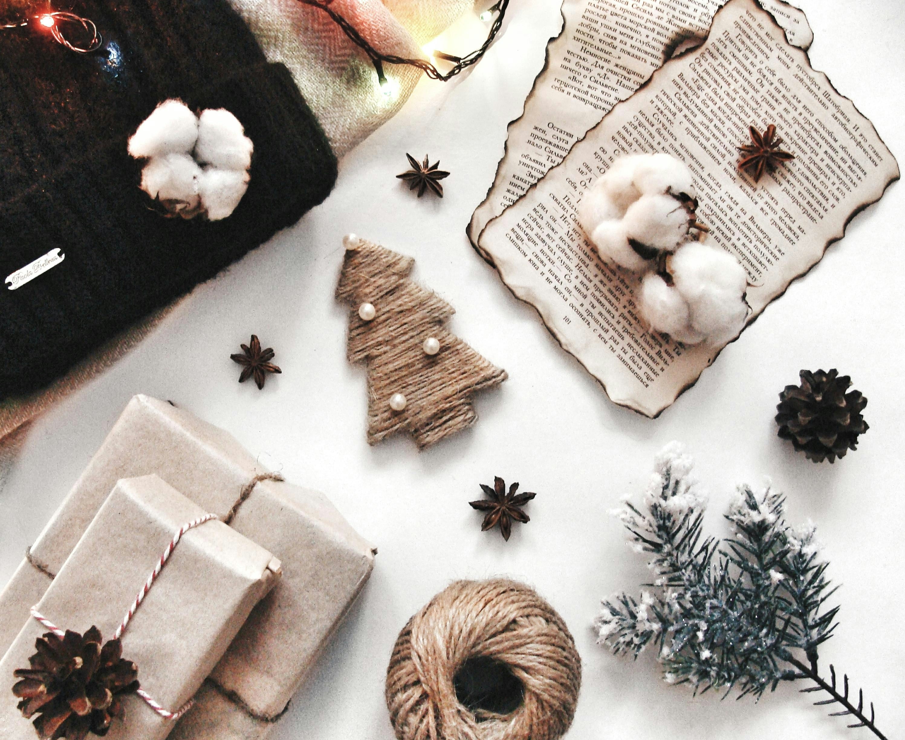 hand made ornaments, gifts wrapped in paper, various crafted items