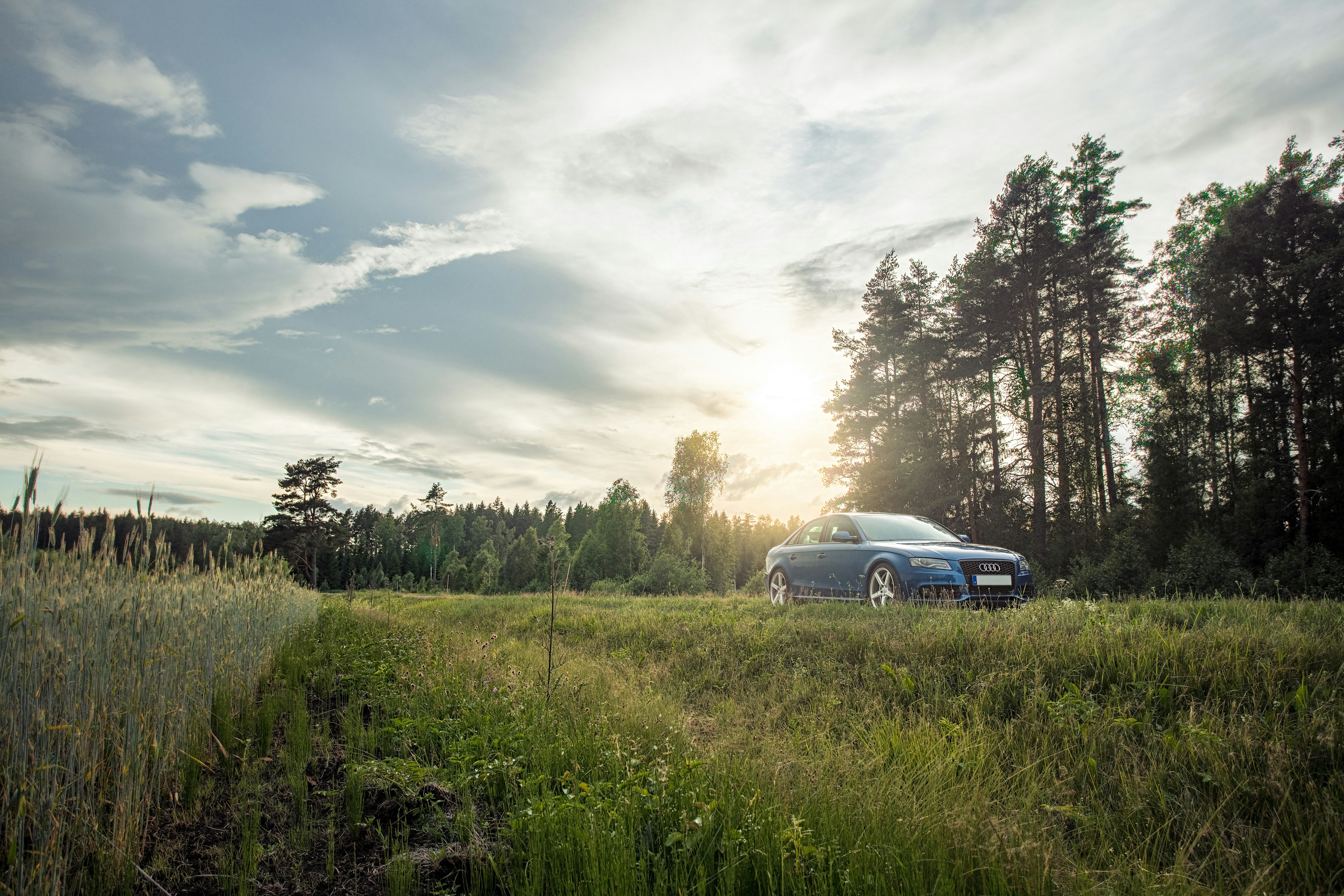 a blue sedan drives by a field on a sunny day