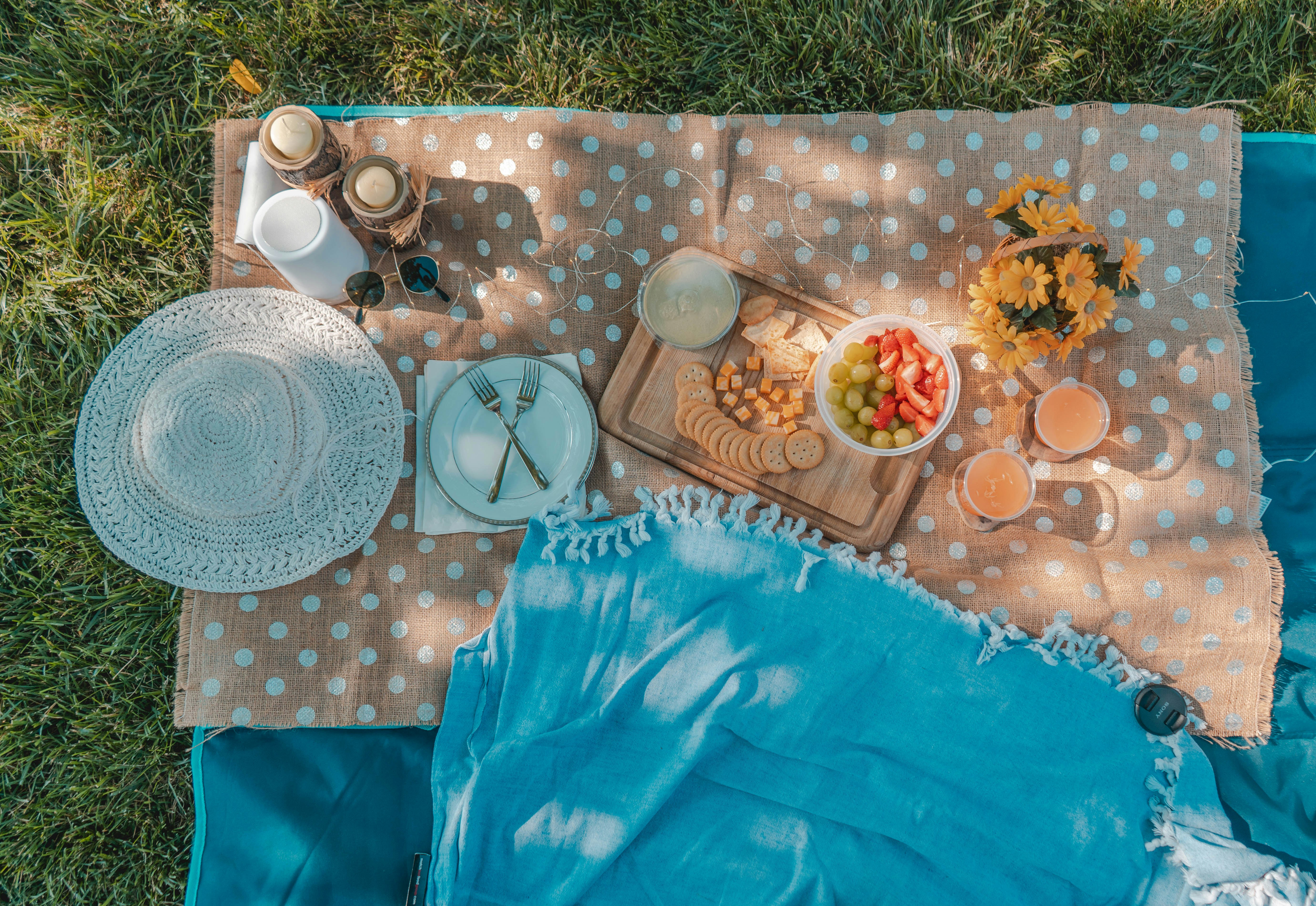 A picnic blanket on grass with cheese, fruit, drinks, and flowers