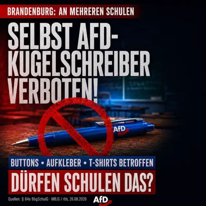 In Brandenburg untersagen mehrere Schulen selbst Kugelschreiber, Buttons, Aufkleber und T-Shirts mit AfD-Logo. Grundlage ist § 64a des Schulgesetzes. Wie seht i