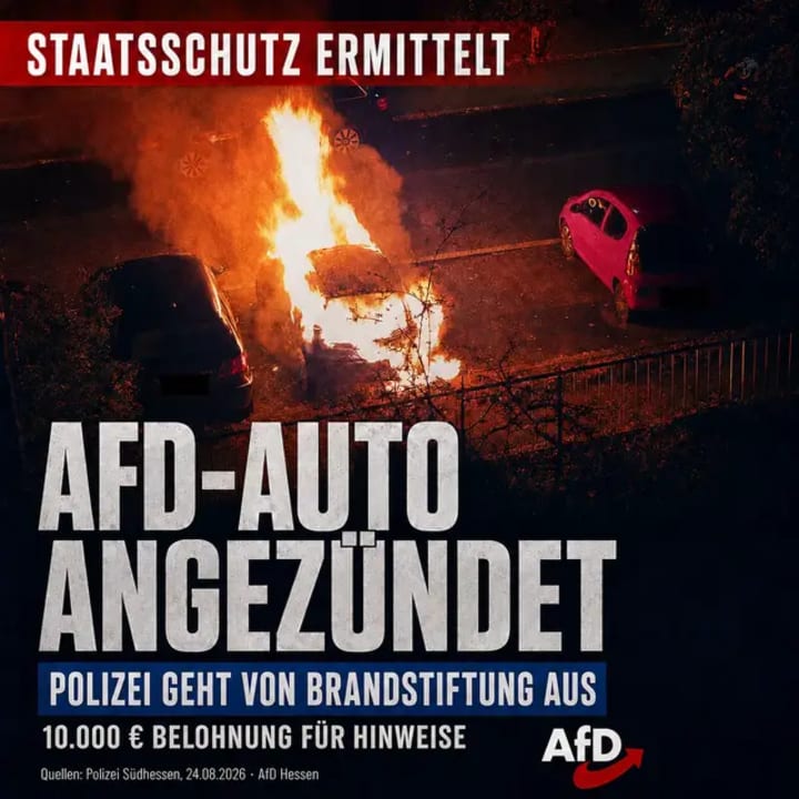 Nach der Spurensicherung geht die Polizei von Brandstiftung aus. Bei dem ausgebrannten Wagen handelt es sich laut AfD um ein Fahrzeug des Kreisverbands Darmstad
