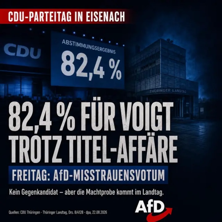 Die Thüringer CDU hat Mario Voigt heute mit 82,4 Prozent erneut zum Landesvorsitzenden gewählt – ohne Gegenkandidaten und trotz der Aberkennung seines Doktortit
