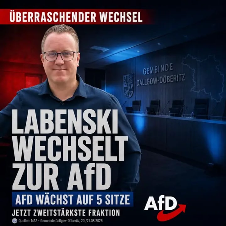 Sascha Labenski verlässt die Freie Wählergemeinschaft und tritt der AfD bei. Durch seinen Wechsel wächst die AfD-Fraktion in Dallgow-Döberitz von vier auf fünf
