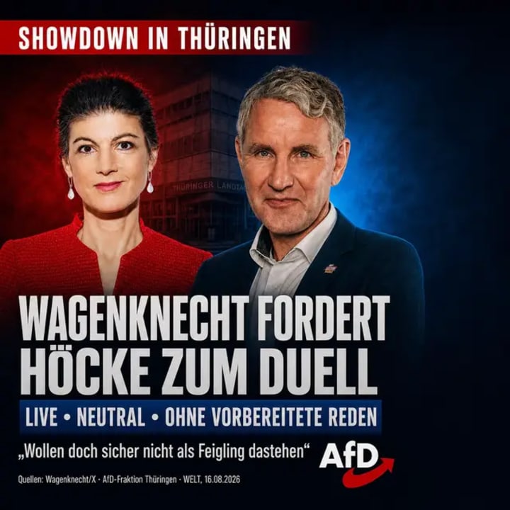 Showdown in Thüringen: Sahra Wagenknecht fordert Björn Höcke zu einem öffentlichen Rededuell heraus – live, neutral moderiert und ohne vorbereitete Reden. Ihre