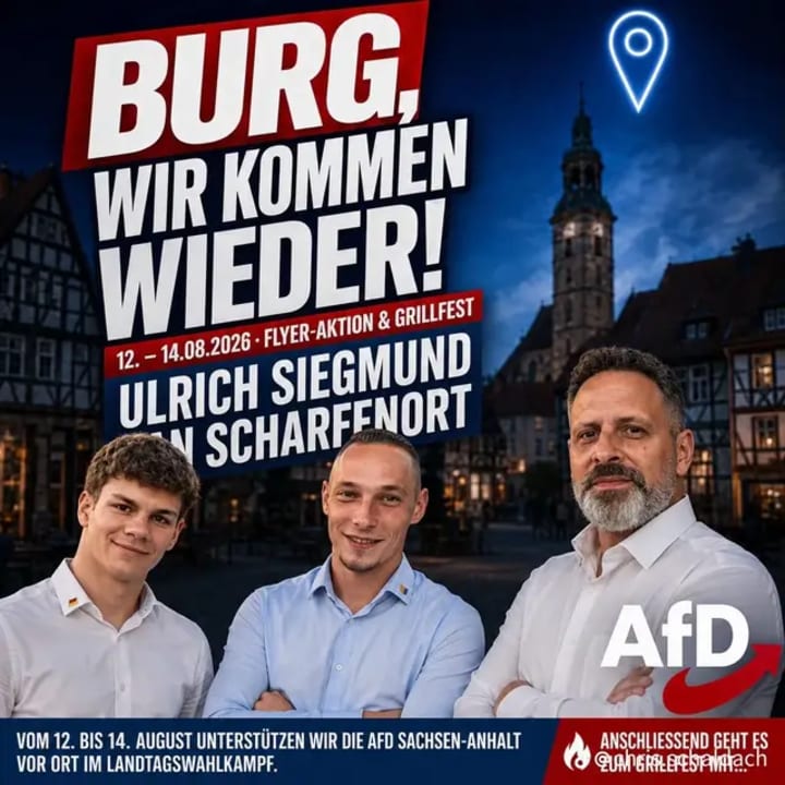 Vom 12. bis 14. August unterstützen wir die AfD Sachsen-Anhalt vor Ort mit einer Flyeraktion im Landtagswahlkampf. Anschließend geht es zum Grillfest mit Ulrich