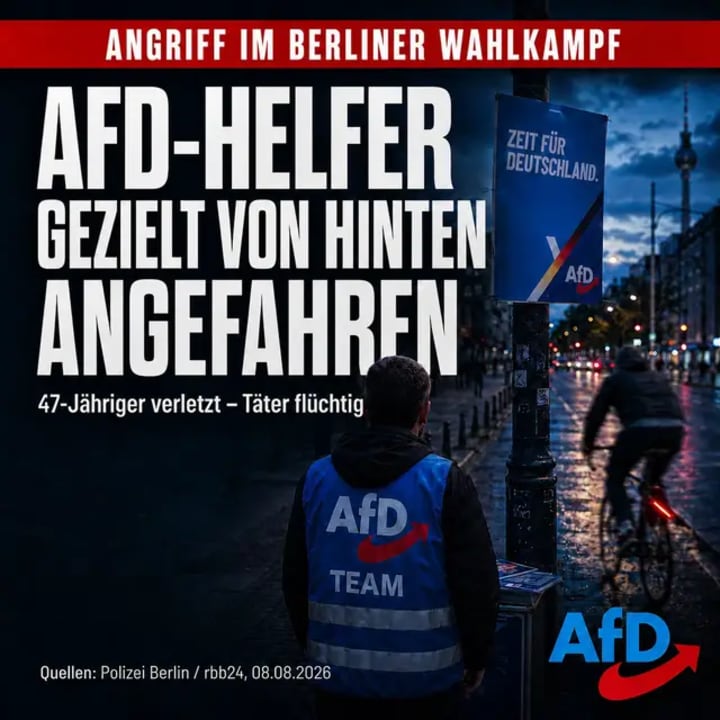 Ein 47-jähriger AfD-Wahlkampfhelfer wurde beim Plakatieren gezielt von hinten angefahren und verletzt. Der Täter flüchtete, der Staatsschutz ermittelt. Diskutie