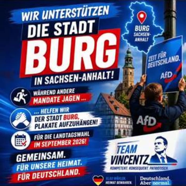 Während andere um Mandate streiten, packen wir mit an. 💪🇩🇪 Gemeinsam unterwegs nach Burg (Sachsen-Anhalt), um Plakate aufzuhängen und Flyer zu verteilen. Ein