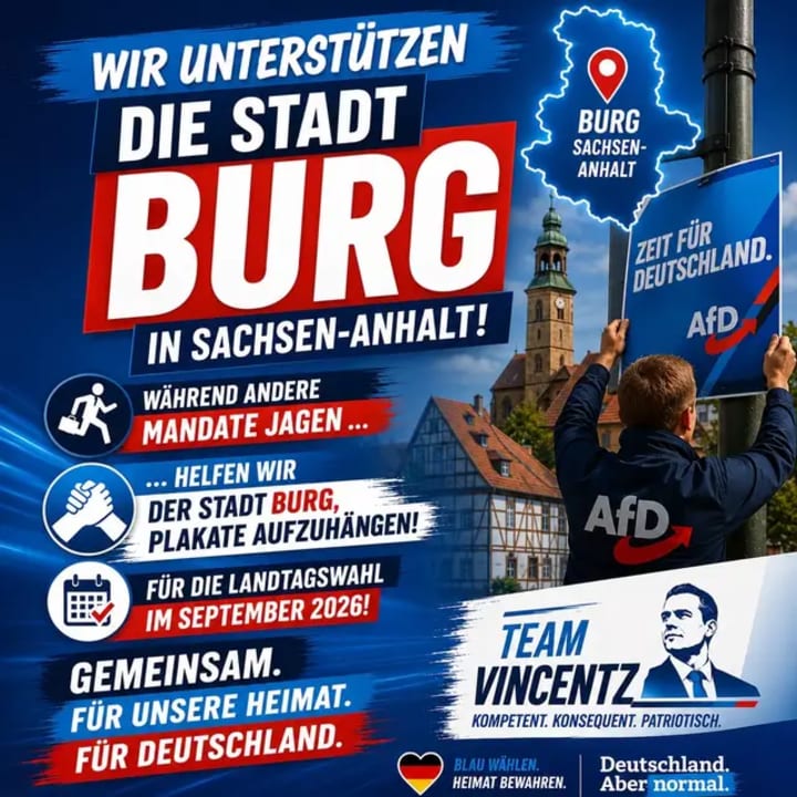 📍 Burg, Sachsen-Anhalt. Gemeinsam mit Team Vincentz unterstützen wir unsere Parteifreunde beim Plakatieren für die Landtagswahl 2026 @QuickShop24. Politik heiß