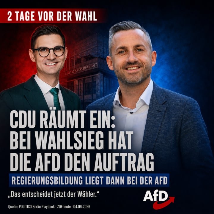 CDU räumt AfD-Regierungsauftrag ein Zwei Tage vor der Landtagswahl spricht selbst die Union aus, was demokratisch selbstverständlich sein sollte: Wird die AfD in Sachsen-Anhalt stärkste Kraft, liegt der Auftrag zur Regierungsbildung bei Ulrich Siegmund und der AfD.