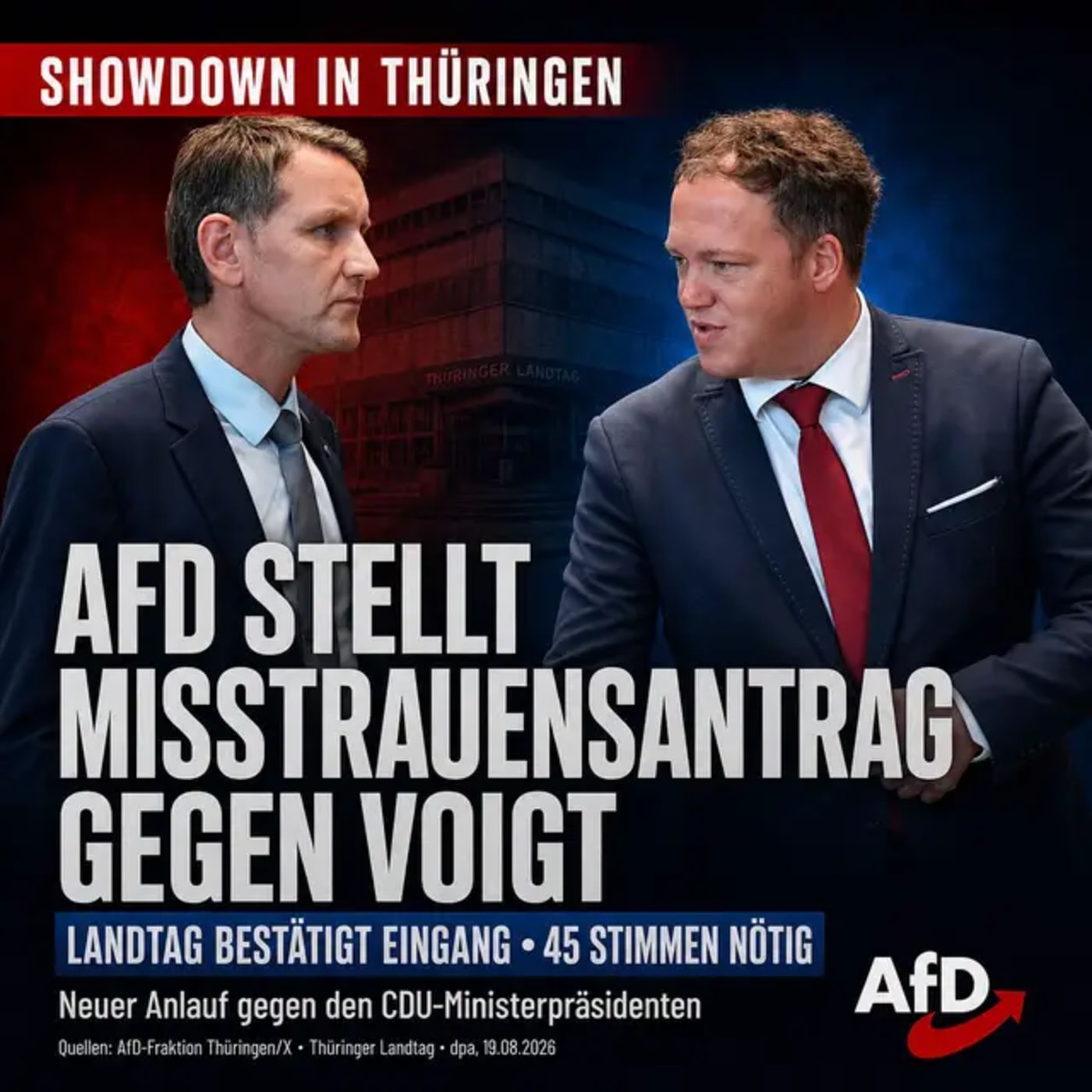 Die AfD-Fraktion im Thüringer Landtag hat heute erneut einen konstruktiven Misstrauensantrag gegen Ministerpräsident Mario Voigt eingereicht. Die Landtagsverwal