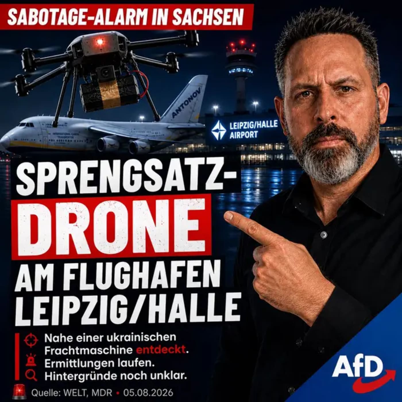 Drohne mit Sprengvorrichtung nahe einer ukrainischen Frachtmaschine am Flughafen Leipzig/Halle entdeckt. Die Ermittlungen laufen, die Hintergründe sind derzeit