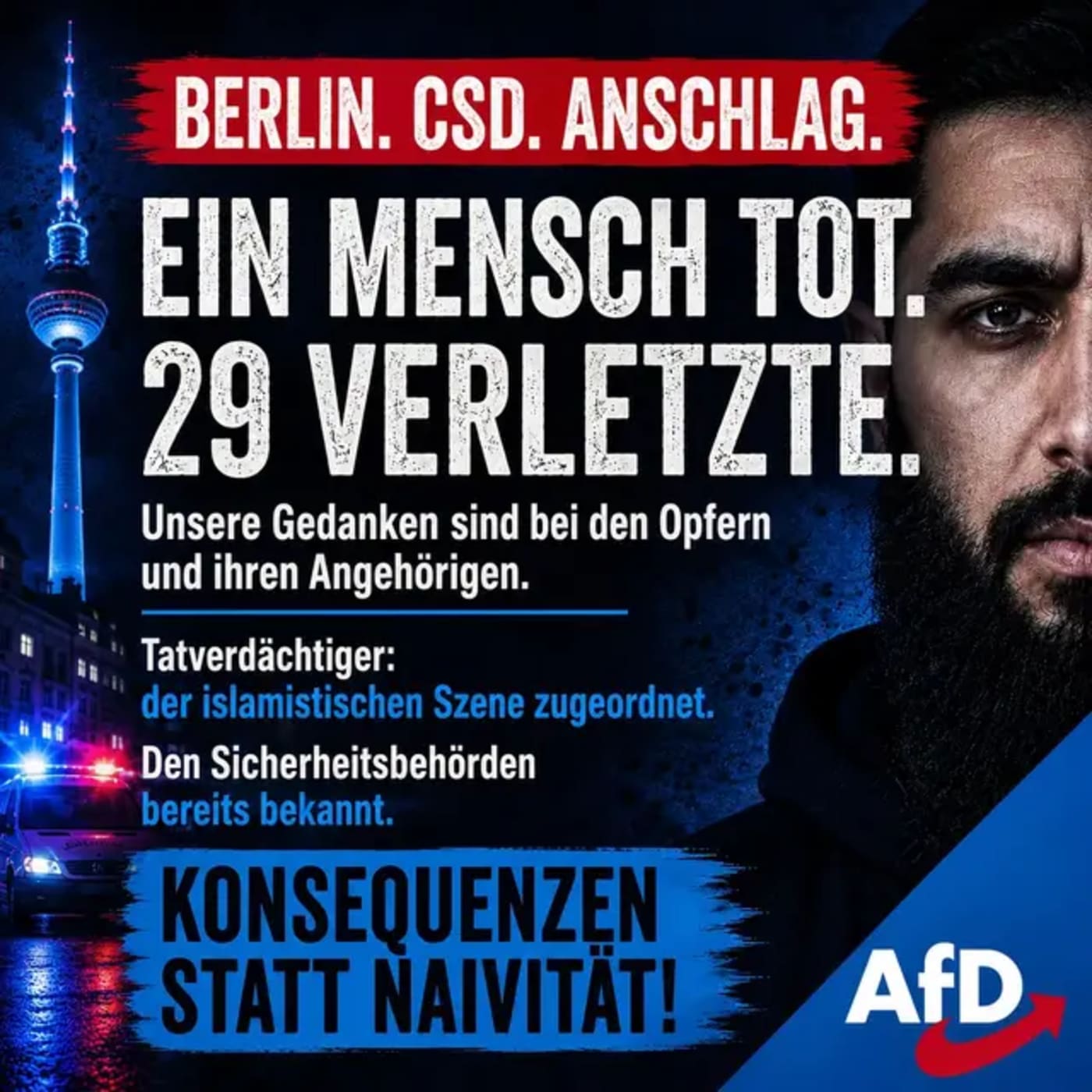 Berlin. Ein Mensch wurde getötet, 29 weitere verletzt. Unsere Gedanken sind bei den Opfern und ihren Angehörigen. Terror muss beim Namen genannt und konsequent
