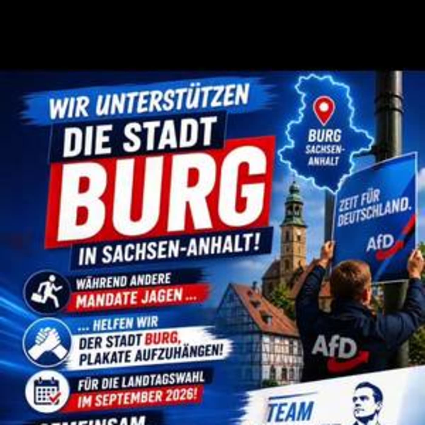Während andere um Mandate streiten, packen wir mit an. 💪🇩🇪 Gemeinsam unterwegs nach Burg (Sachsen-Anhalt), um Plakate aufzuhängen und Flyer zu verteilen. Ein
