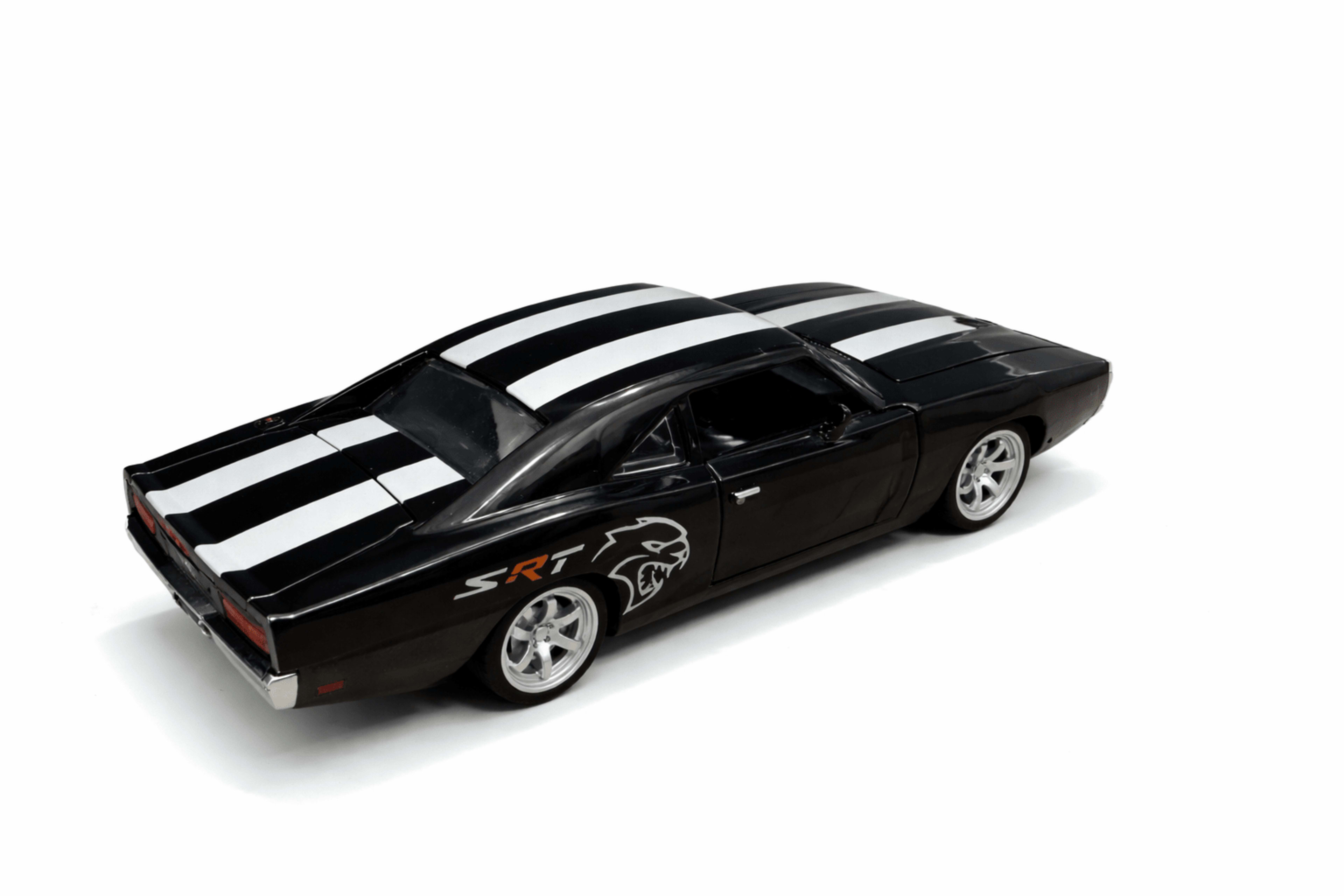Dodge Charger SRT Hellcat Diecast 1:32 – Black with Racing Stripes | Openable Doors | Light & Sound
