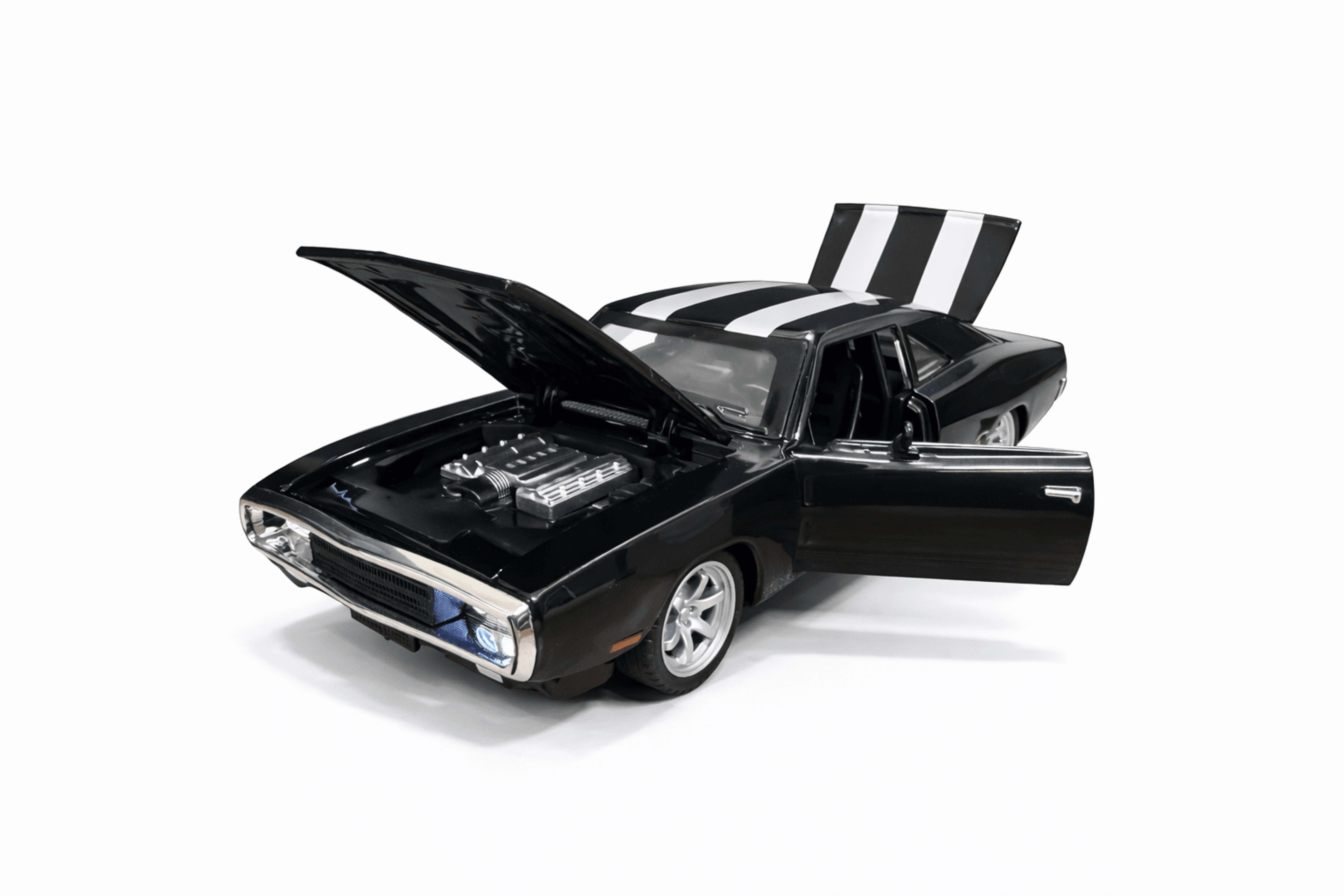 Dodge Charger SRT Hellcat Diecast 1:32 – Black with Racing Stripes | Openable Doors | Light & Sound