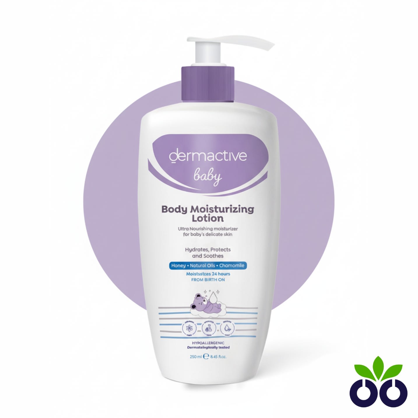 Dermactive Baby Body Lotion, a soothing baby body lotion with Honey and Chamomile for a baby's sensitive skin.