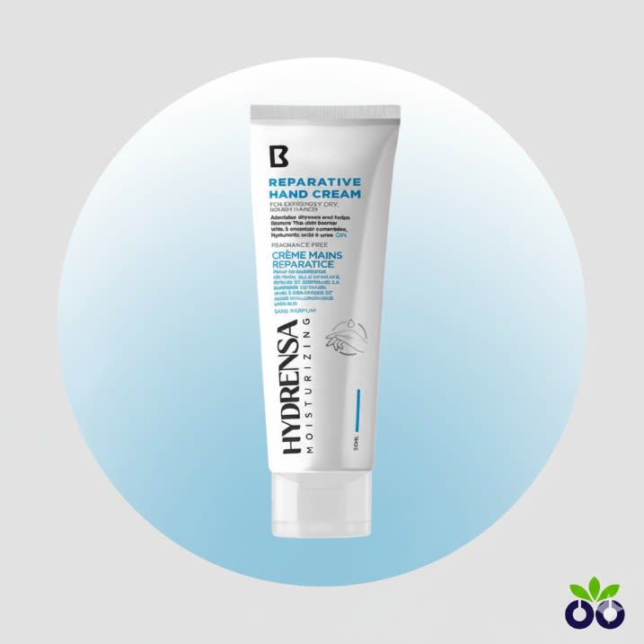 Hydrensa Reparative Hand Cream, a hand cream for cracked hands with 10% Urea and Ceramides to repair dry, chapped skin.