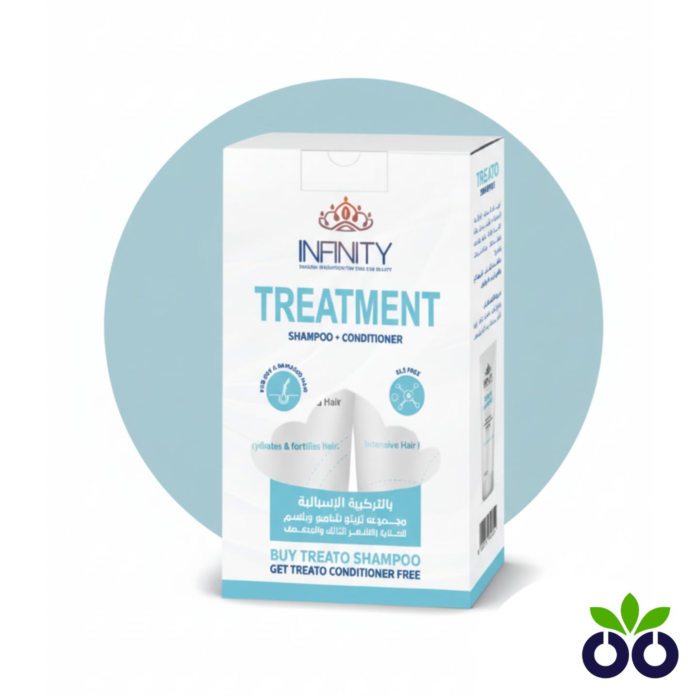 Infinity Treato dandruff shampoo and conditioner kit with Zinc Pyrithione, Argan Oil, and Shea Butter for dry, flaky scalps.