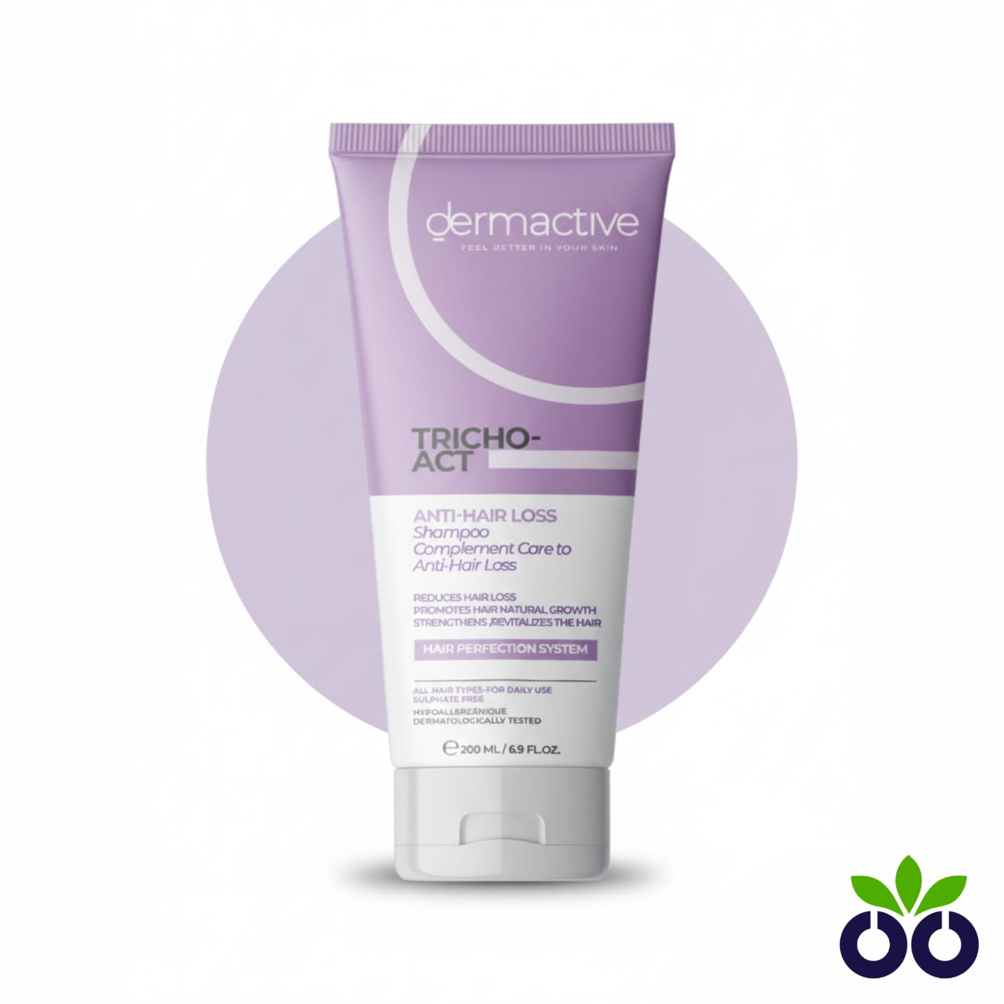 Dermactive Tricho Act anti-hair fall shampoo with Diaminopyrimidine Oxide to strengthen hair roots.