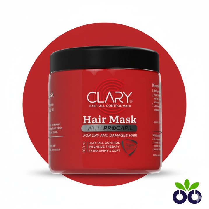 Clary Hair Mask, a repairing hair mask for hair fall with Procapil and Shea Butter to strengthen the scalp and repair dry, damaged hair.