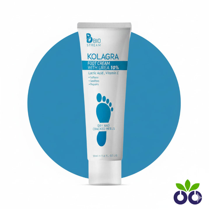 Kolagra's 10% urea foot cream with Lactic Acid and Retinol for repairing dry, cracked heels and calluses.