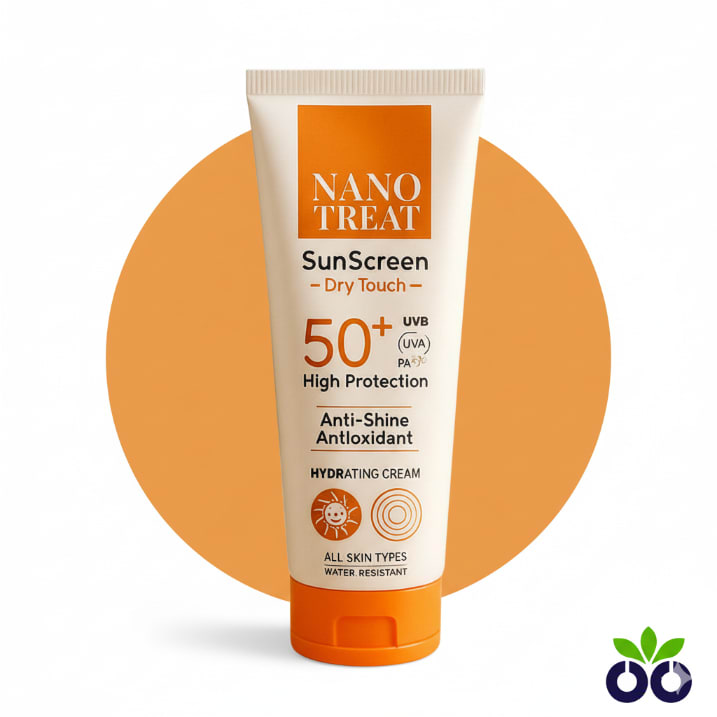 Nano Treat's dry touch sunscreen, a non-greasy, water-resistant formula with Hyaluronic Acid for daily protection.