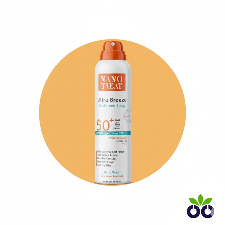 Nano Treat SPF 50+, a hydrating sunscreen spray with Hyaluronic Acid and Green Tea for fast, non-greasy sun protection.