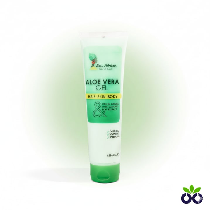 Raw African's soothing aloe vera gel, a 100% natural gel with Jojoba Oil for calming sunburn and hydrating hair.