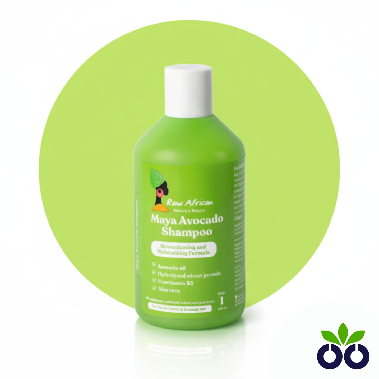 Raw African Maya, a 90% natural hydrating avocado shampoo with Fiberhance and Avocado Oil for repairing frizzy, dry hair.