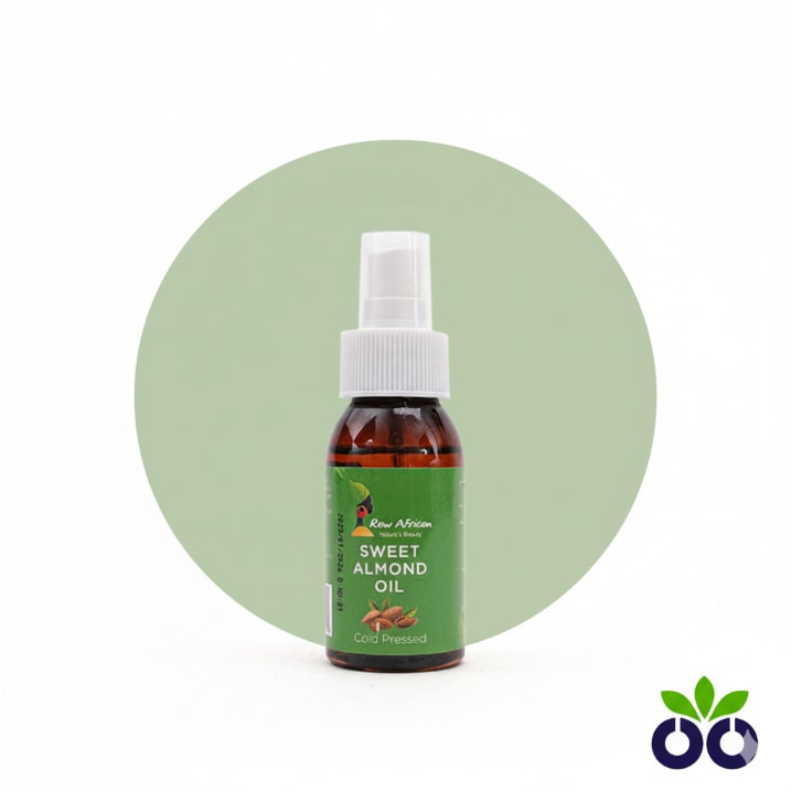 Raw African's 100% pure sweet almond oil in a bottle, a cold-pressed oil for nourishing dry skin, hair, and nails.